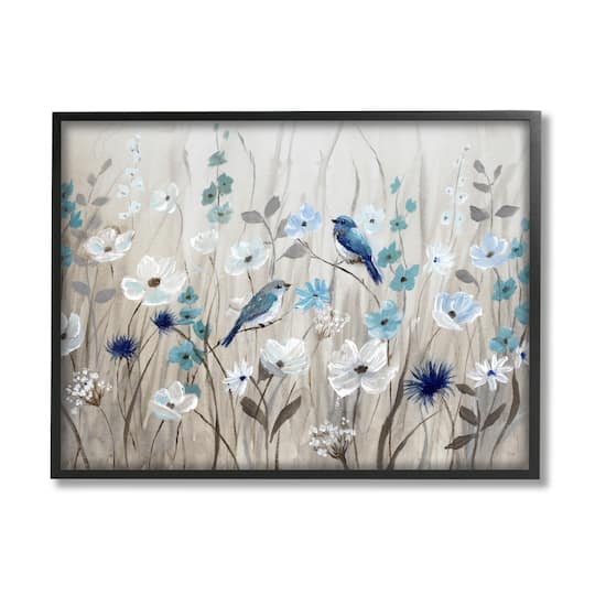 Stupell Industries Birds Floral Meadow Blue White Blossoms Framed Giclee Art